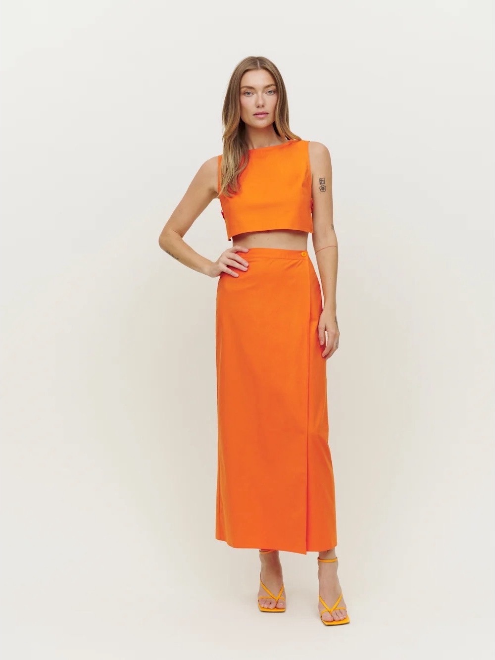 Reformation‎ Mylie Two Piece Sleeveless Crop Top & Maxi Skirt Set Citrus Orange